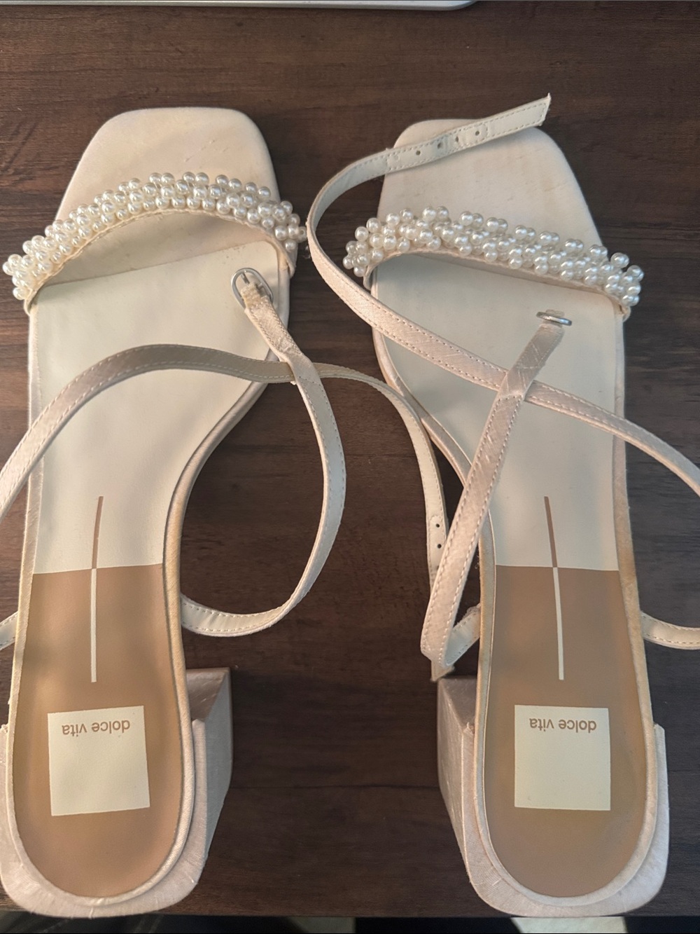 Dolce Vita Pearl-Trim Cream Strappy Block Heels